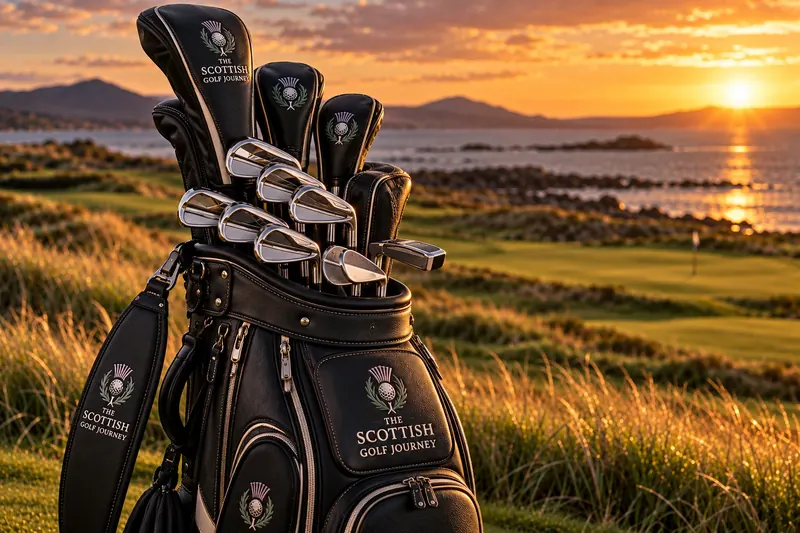 The Scottish Golf Journey tour bag with premium clubs on a links course at sunset