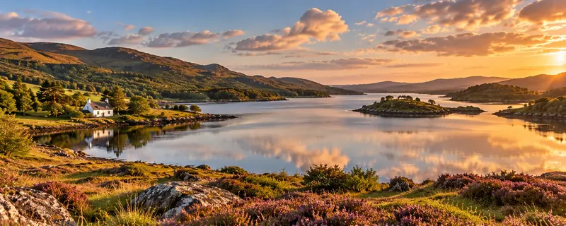 Highland loch at sunset with a white cottage, islands and heather