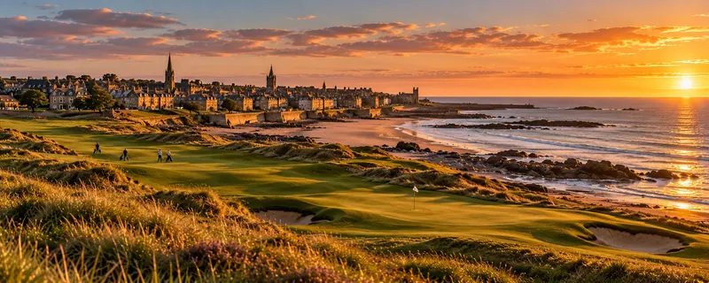 Seaside golf links below a historic stone town at sunset